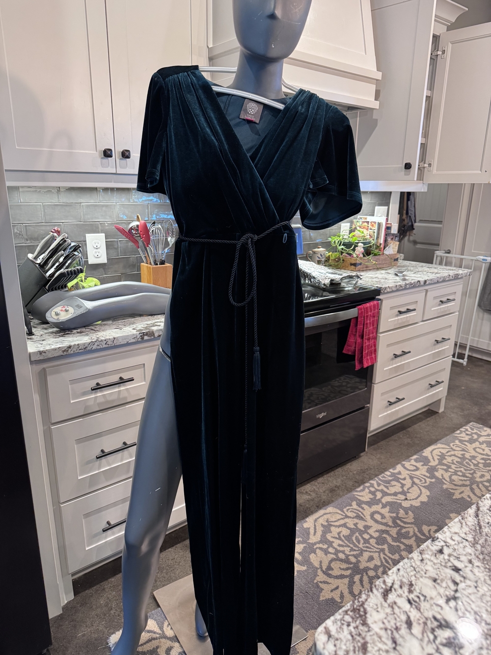 Vince Camuto Teal Velvet Jumpsuit with Tassel Belt